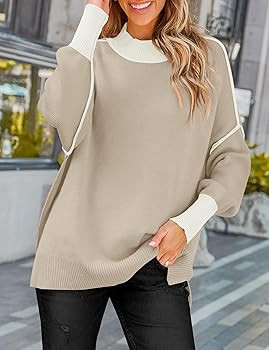 ZESICA Women's Winter Oversized Sweaters Long Sleeve Color Block Mock Neck Side Slit Comfy Loose ... | Amazon (US)