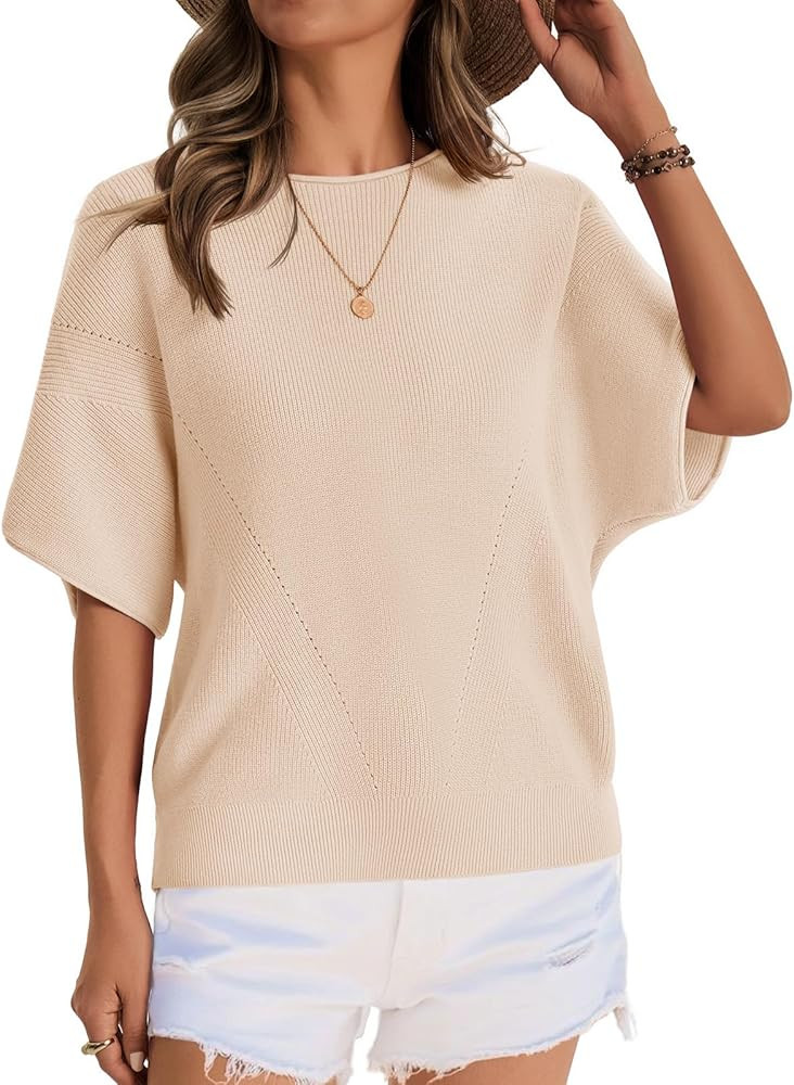 Saodimallsu Womens Short Batwing Sleeve Sweater Tops Crochet Knit Crew Neck Loose Casual Summer P... | Amazon (US)