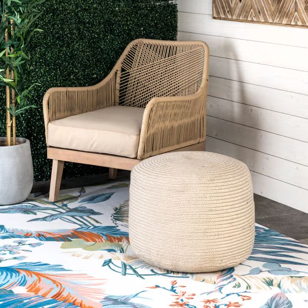 Beige Braided Cable Indoor/Outdoor Pouf 14" H x 20" W x 20" D | Rugs USA