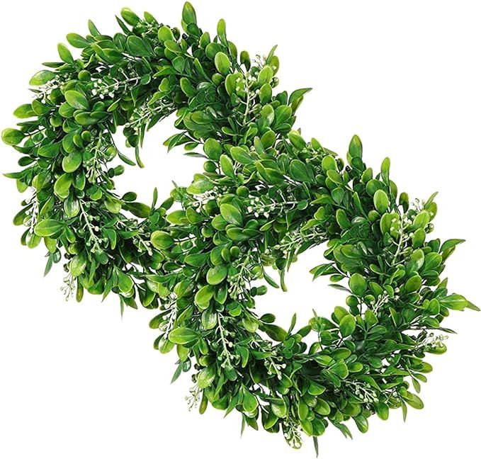 2 Packs Artificial Green Leaves Wreath - 11 inch Artificial Boxwood Wreaths with White Flower for... | Amazon (US)