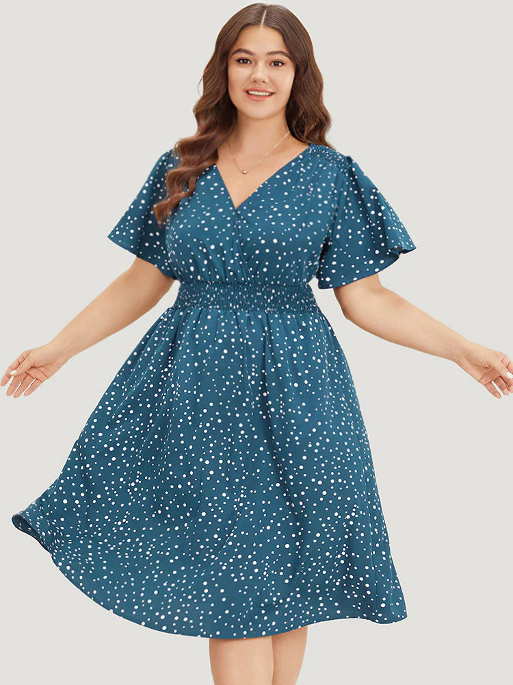 Polka Dot Wrap Pocket Shirred Ruffle Sleeve Dress | Bloomchic