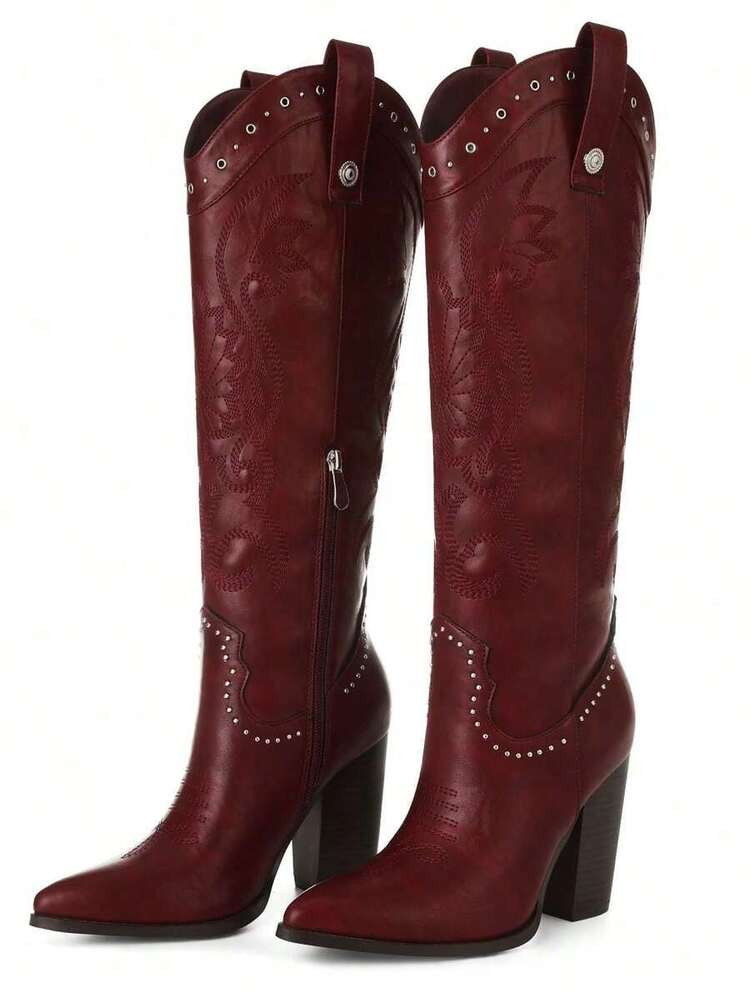 Vintage Women's Knee High Boots Pointed Toe Solid Color Embroidered Studded Trim Block Heel Party Festivals Bar Dressy Cowgirl Boots Western Boots Red | SHEIN