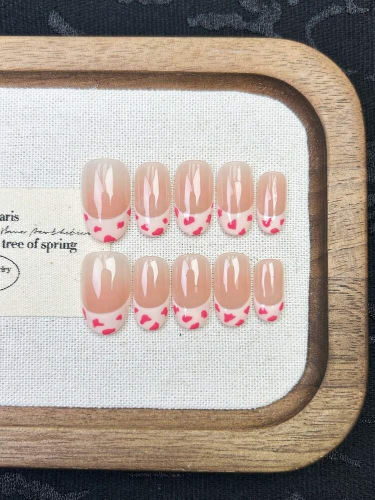 10pcs Handmade Nails Oval Nails Acrylic Press On Nails Short, Minimalism Pink Nails, Leopard Pattern French Tip Nails, Edgy Elegant Simple Autumn Nails, Fall Press On Nails, Party Daily & Dating Use Beach Tropical Getaway Suitable,DIY False Nail Art Suitable For Women & Girls As Gift Nail Supplies | SHEIN