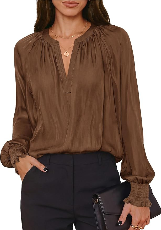 PRETTYGARDEN Women's Satin Blouses V Neck Long Sleeve Tops | Amazon (US)