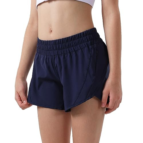 Aurefin Girls Athletic Shorts, Quick Dry Running Shorts for Kids Teen Girls Active Sports Track Shorts with Zip Pocket Liner Navy Blue/L | Amazon (US)