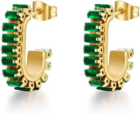Green Crystal huggie gold hoop earrings for women Girls,14K Gold Plated with 925 Sterling Silver ... | Amazon (US)