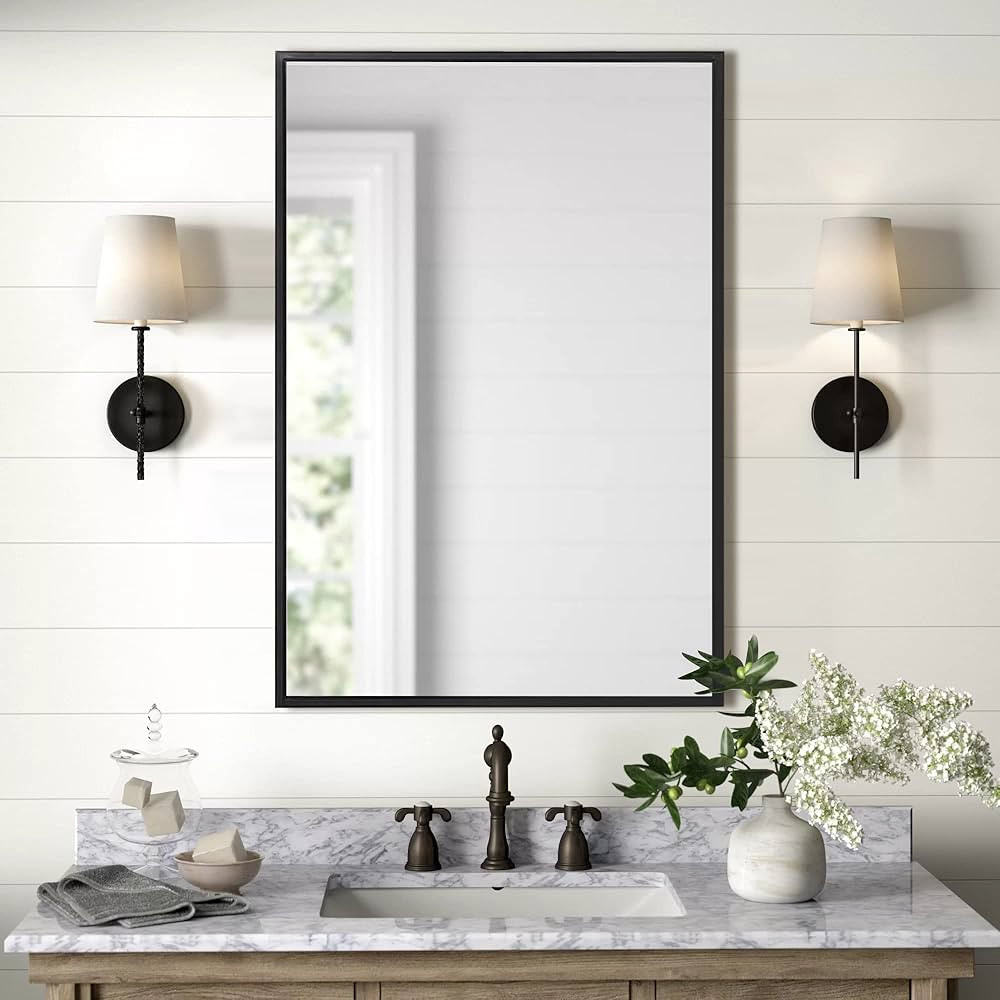Rectangle Bathroom Mirror 16 x 24 Inch Rectangle Mirror Vertical or Horizontal Hanging Black Meta... | Amazon (US)