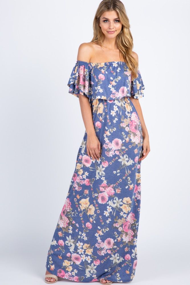 Blue Floral Off Shoulder Maxi Dress | PinkBlush Maternity