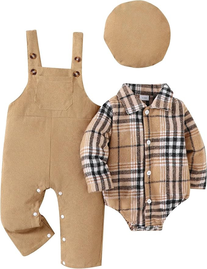 Renotemy Baby Boy Clothes Flannel Plaid Bodysuit+Corduroy Overalls+Beret Hat 3Pcs Fall Winter Out... | Amazon (US)