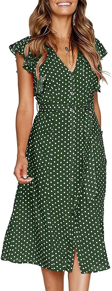 Amazon.com: Women's Boho Polka Dot Dresses with Pocket Vintage Ruffle Sleeve V Neck Midi Dress wi... | Amazon (US)