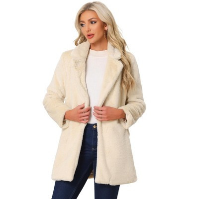 Allegra K Women's Lapel Collar Faux Fur Fuzzy Winter Long Overcoat with Pockets Apricot Small | Target