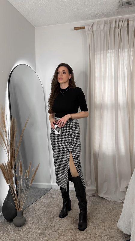 Work outfit, work wear, winter outfit, houndstooth, midi skirt, leather boots, knee high boots

#LTKVideo #LTKworkwear #LTKshoecrush