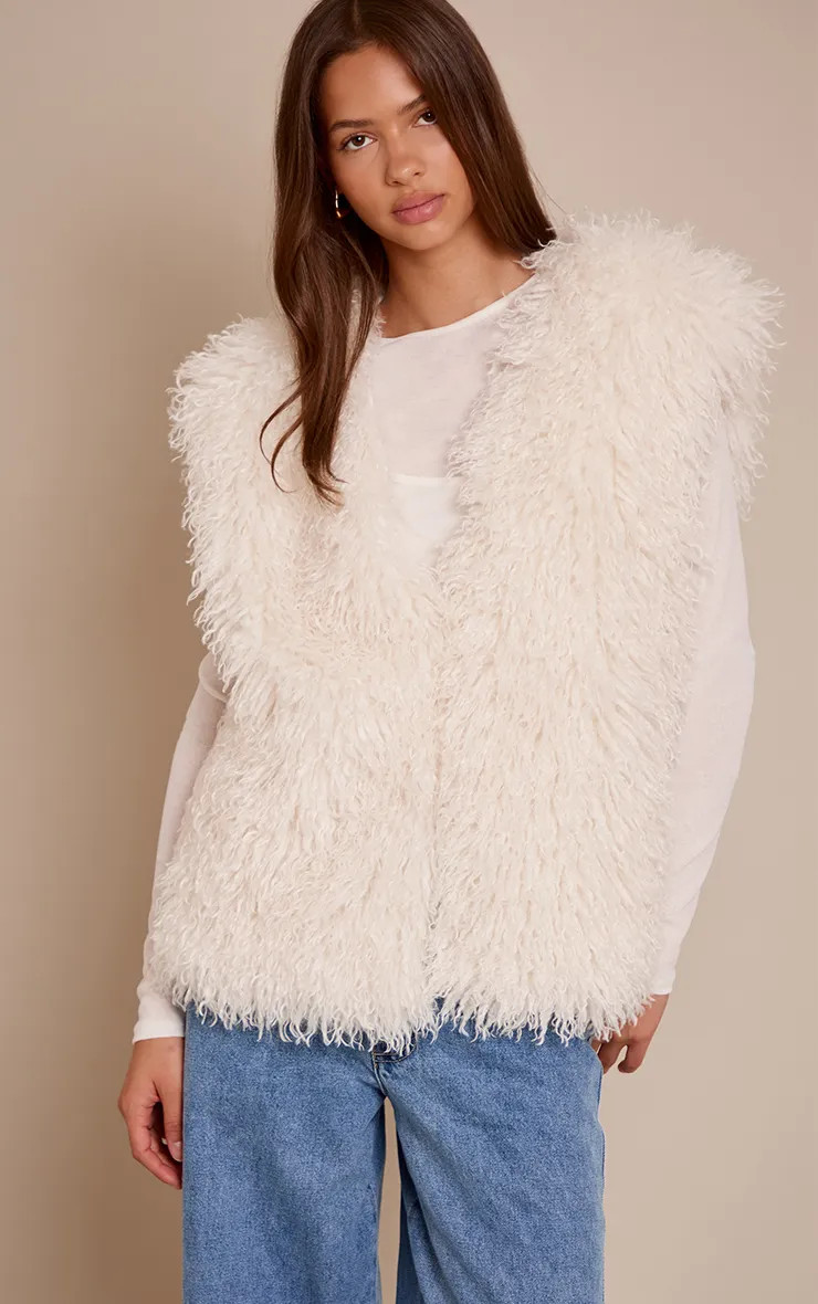 Cream Mongolian Faux Fur Gilet | PrettyLittleThing | PrettyLittleThing UK