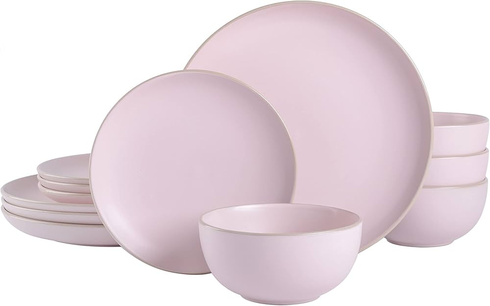 Gibson Home Rockaway Round Stoneware Dinnerware Set, Service for 4 (12pcs), Pink | Amazon (US)