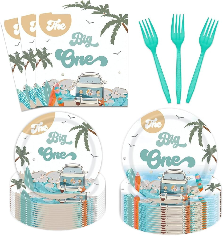 96 Pieces Summer Beach The Big One Tableware Set Boy Surfing First Birthday Decorations Hawaiian ... | Amazon (US)