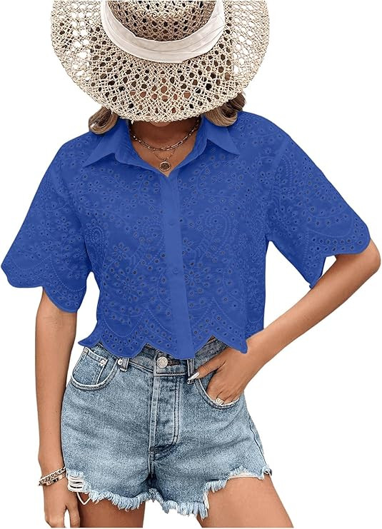 SweatyRocks Women's Short Sleeve Button Down Eyelet Crochet Shirt Asymmetrical Hem Crop Top Blous... | Amazon (US)