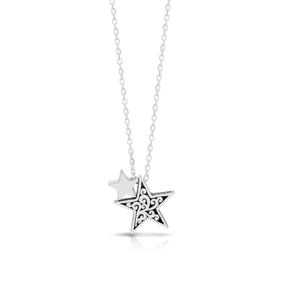 LH Signature Scroll Sterling Silver Delicate Double Stars Pendant Necklace in 18 | Lois Hill Designs LLC