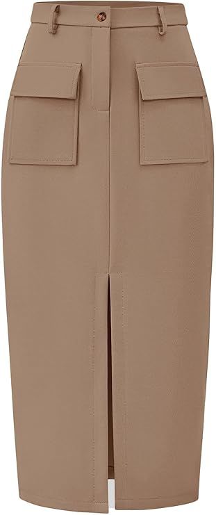 KIRUNDO Women High Waisted Cargo Midi Skirt Trendy Summer Fall Pencil Slit Dressy Casual Business... | Amazon (US)