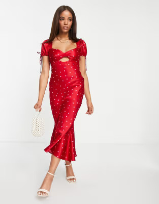 ASOS DESIGN satin midi tea dress with twist front in spot print | ASOS (Global)