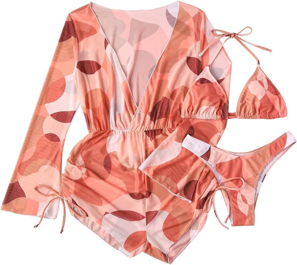 SHENHE Women's 3 Piece Swimsuit Leaf Print Halter Drawstring Side Bikini Set with Cover Up | Amazon (US)