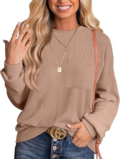 WIHOLL Womens Fall Fashion 2025 Long Sleeve Tops for Women With Pockets Striped Knit Ribbed Ladie... | Amazon (US)