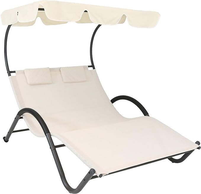 Sunnydaze Outdoor Double Chaise Lounge with Canopy Shade and Headrest Pillows, Portable Patio Sun... | Amazon (US)