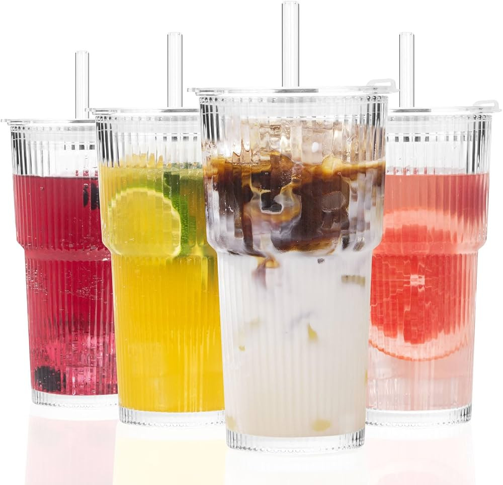 GOSCHE 20oz Glass Cups with Lids and Straws, Ribbed Iced Coffee Cups, Thickened Glass Tumbler Set... | Amazon (US)