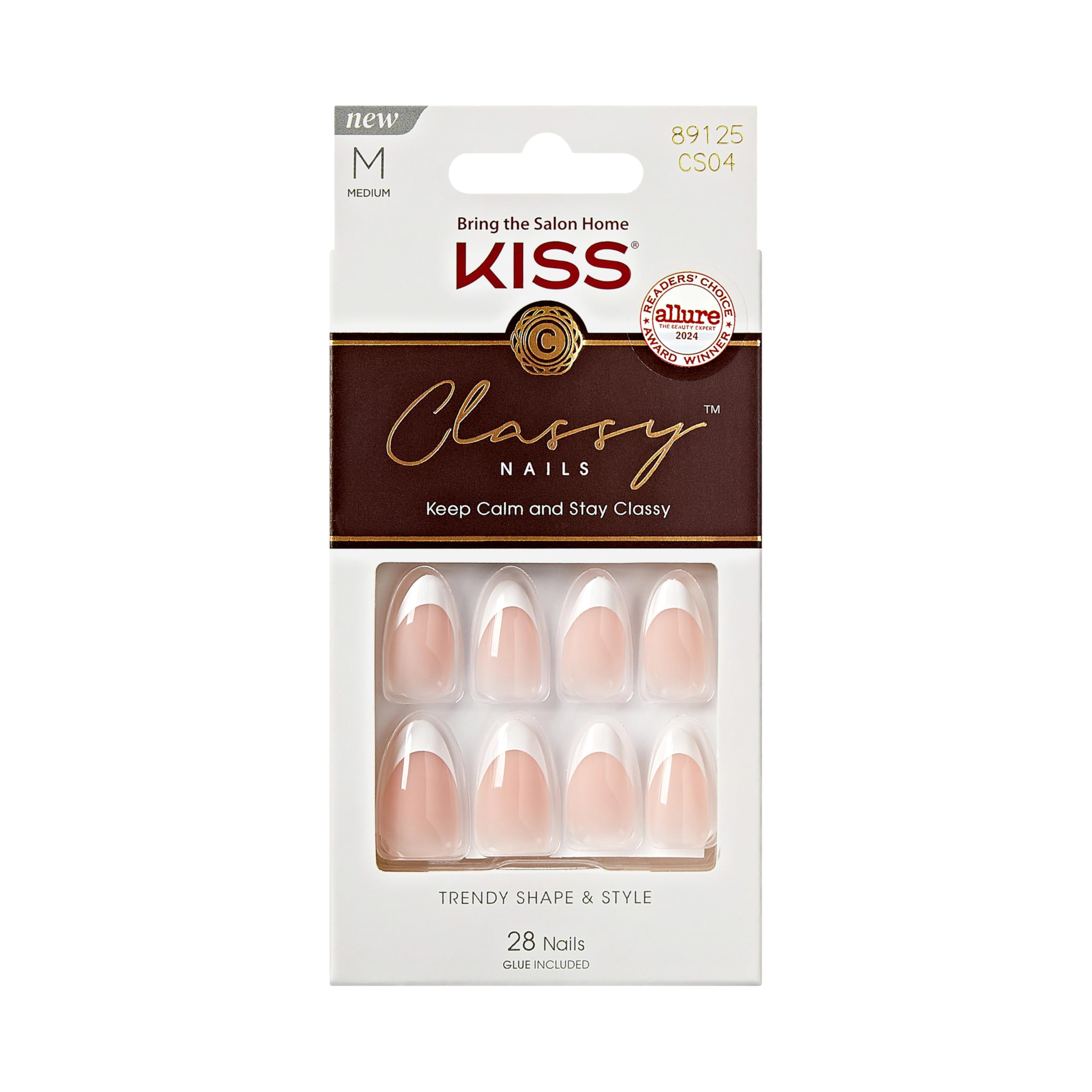 KISS Classy, Press On Nails, Nail glue included, 'Dashing', White, Medium Size, Almond Shape, Includes 28 Nails, 2g glue, 1 Manicure Stick, 1 Mini File | Amazon (US)