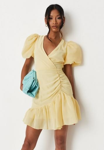 Missguided - Yellow Woven Puff Sleeve Mini Dress | Missguided (UK & IE)