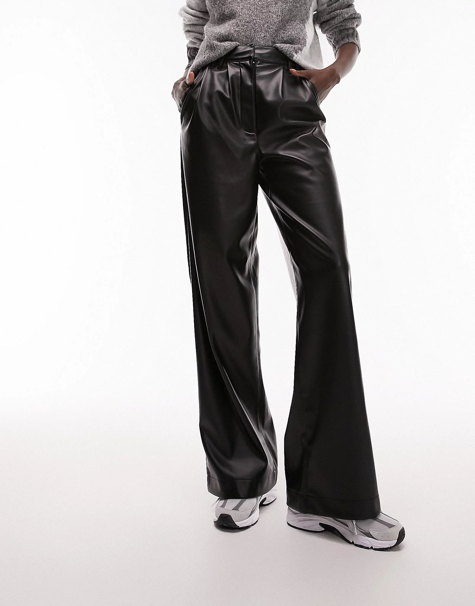 Topshop Tall faux leather super wide tailored trouser in black | ASOS (Global)