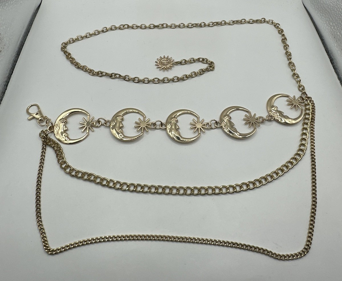 CRESCENT MOON & Sun gold tone woman's chain Belt 50” | eBay US