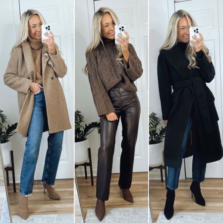 Neutral winter outfits! Most items are 50% OFF today!🙌🏼

J.Crew wool coat, brown faux leather pants, black wrap coat 

*camel coat and boots gifted 

#LTKCyberweek