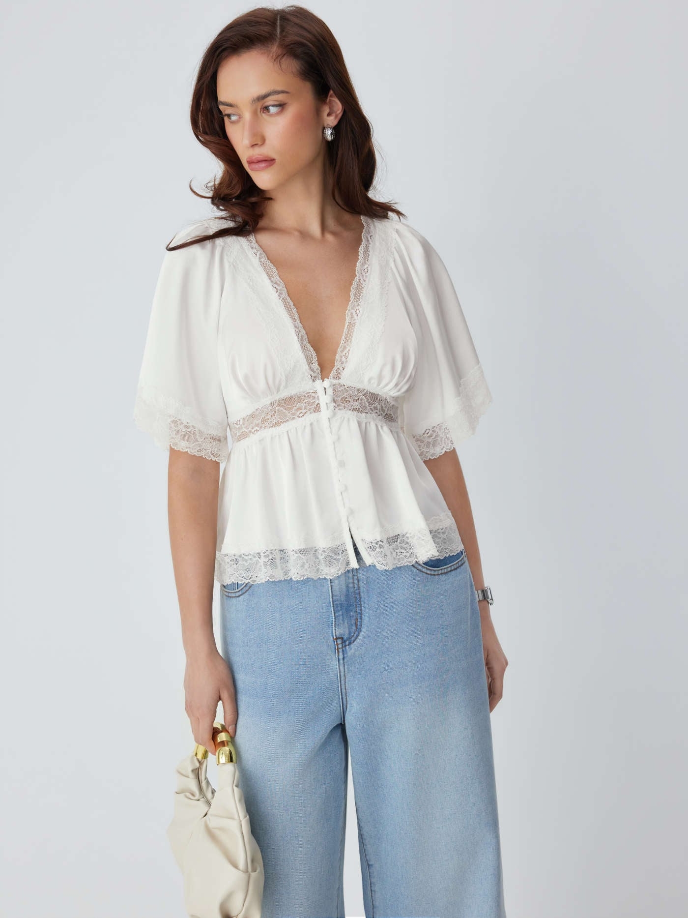 Satin Satin V-Ausschnitt Spitzen-Panel R\u00fcschen\u00e4rmel Bluse For L\u00e4ssige Alltagskleid... | Cider