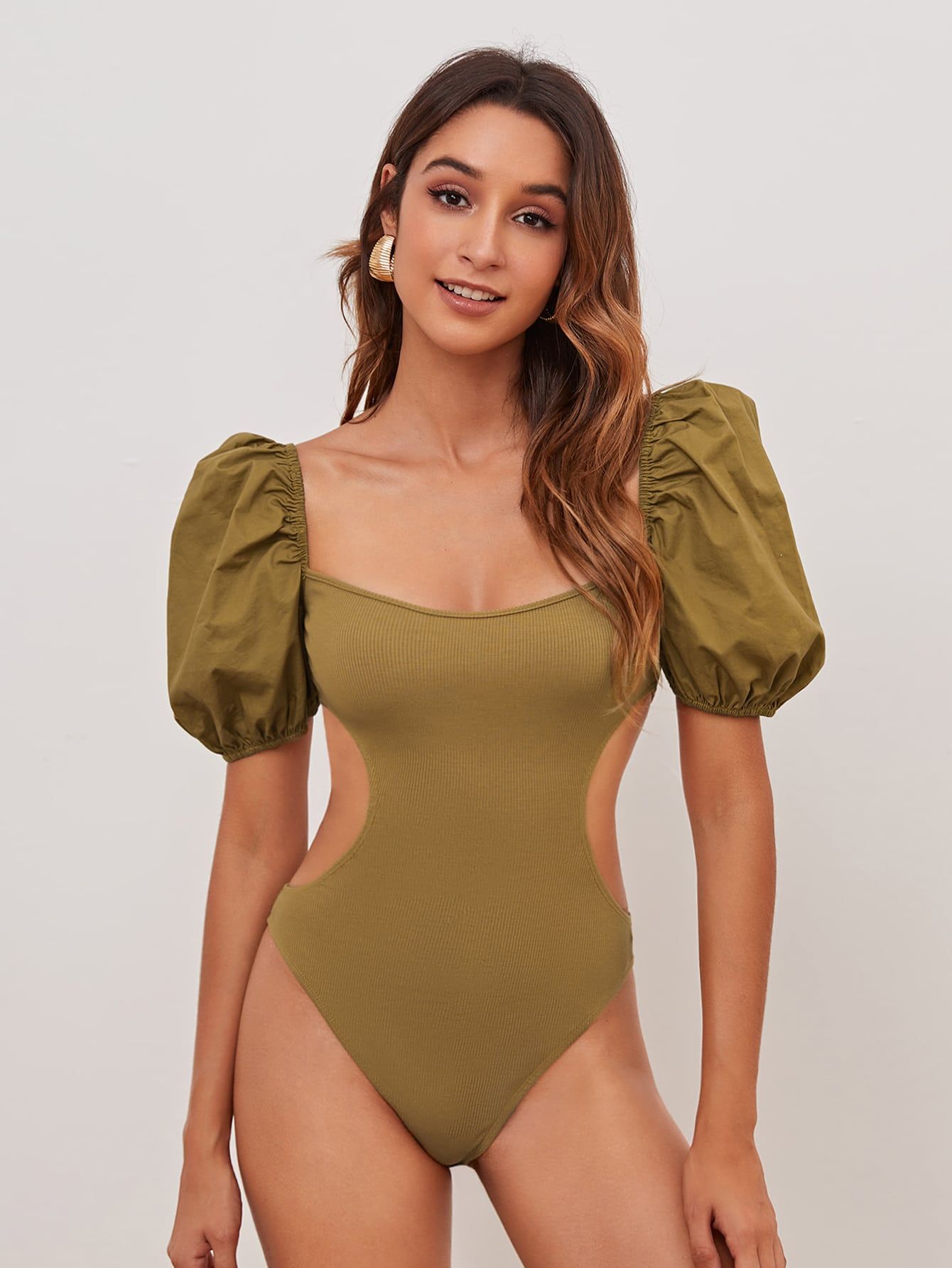 SHEIN X Sayndo Puff Sleeve Cutout Detail Form Fitted Bodysuit | SHEIN