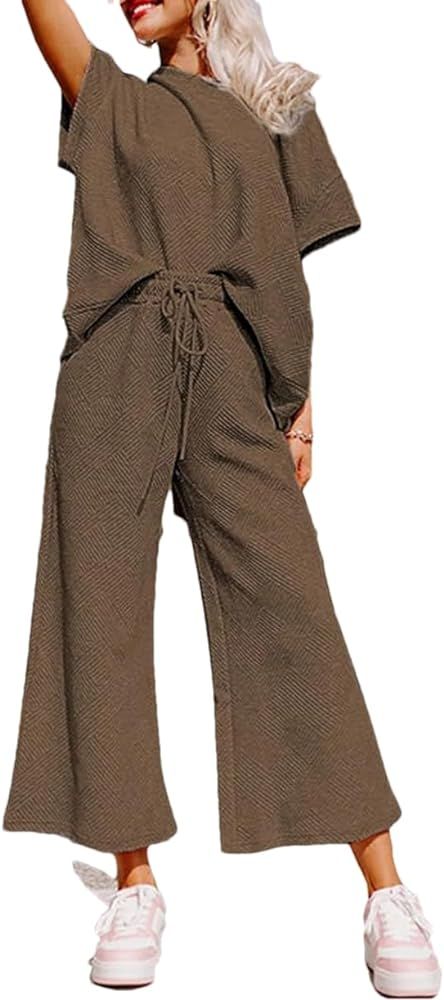 Women's 2 Piece Textured Sweatsuit Short Sleeve Pullover Top Wide Leg Pant Tracksuit Set | Amazon (US)