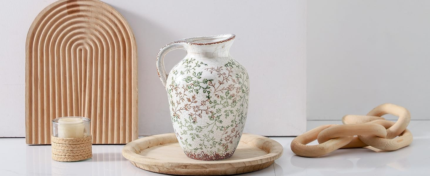 Enra Vintage vase,Ceramic Chinoiserie Floral Vase,Green and Beige Decorative Flower vase,Large Ru... | Amazon (US)