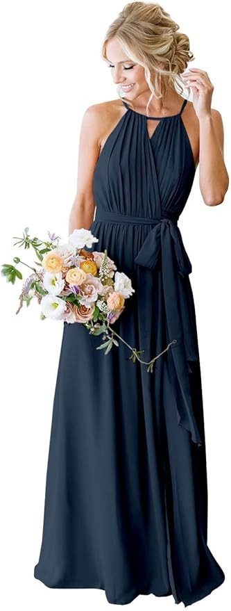 Women's Halter Pleated Chiffon Long Bridesmaid Dresses with Pockets Formal Dresses Evening Party ... | Amazon (US)