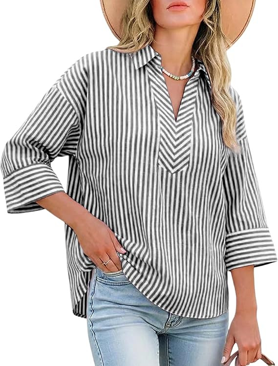 Watashi Women Striped Print Dressy Shirts Casual Oversize Henley Shirt 3/4 Sleeve Collared Office... | Amazon (US)