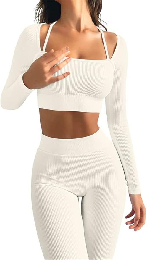 OQQ Yoga Outfits for Women 2 Piece Seamless Ribbed Workout High Waist Leggings with Crop Top Exer... | Amazon (US)