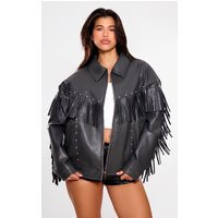 Black Faux Leather Fringe Detail Studded Oversized Jacket | PrettyLittleThing US