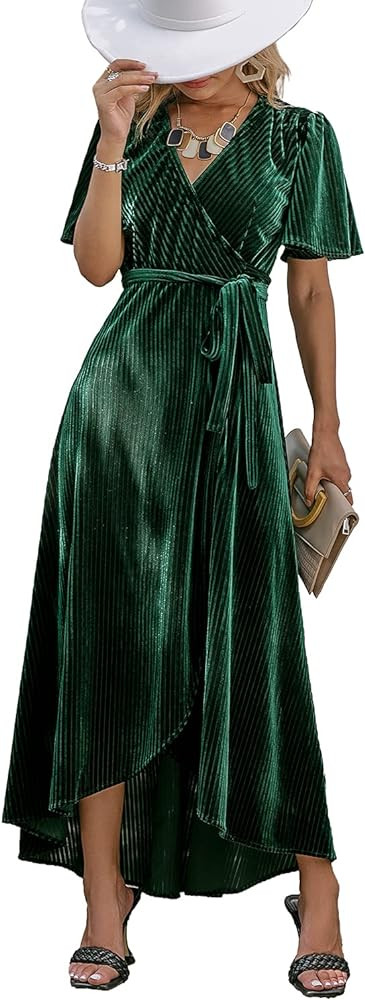 BerryGo Women's Velvet V Neck Wrap Semi Formal Dress Cocktail Party Maxi Dress for Wedding Guest | Amazon (US)