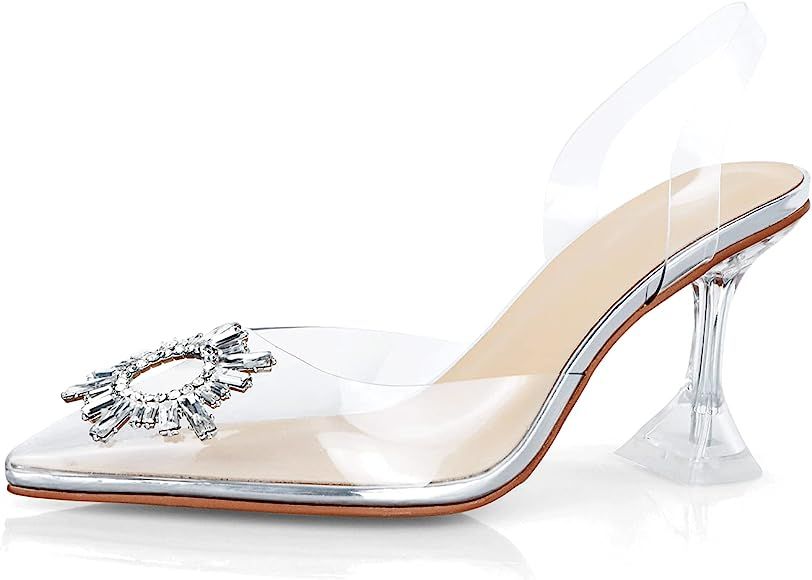 ATAX Women's Fashion Pointed Toe Clear Heels Transparent PVC Sandals Crystal Rhinestones Slingbac... | Amazon (CA)