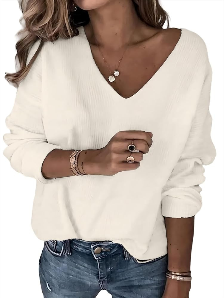 SunnyMelody Womens Cute V Neck Striped Sweater Fall Outfits 2025 Trendy Pullover Sweaters Top - L... | Amazon (US)