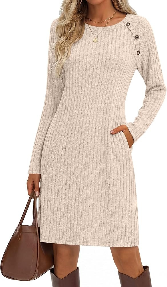 Women's Long Sleeve Loose Sweater Dress Crew Neck Knit Dress with Pocket Ribbed Button Side Fall ... | Amazon (US)