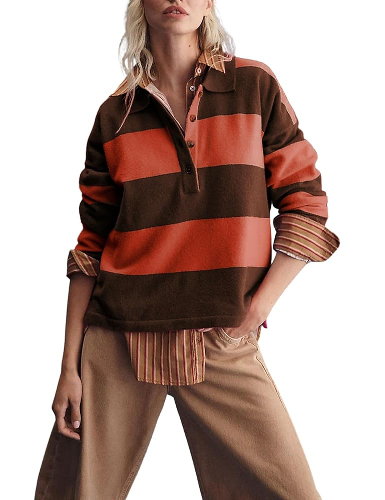 Omoone Cute Striped Polo Sweater Women Fall Lapel V Neck Colorblock Knit Tops Winter Long Sleeve ... | Amazon (US)