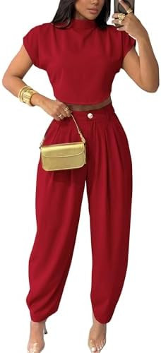 2 Piece Sets for Women Casual Mock Neck Cap Sleeve Crop Tops and Palazzo Pants Vacation Travel Ou... | Amazon (US)