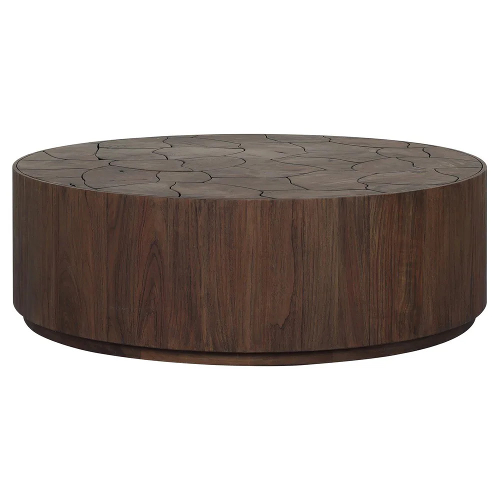 Ridge Rustic Lodge Dark Brown Teak Round Outdoor Coffee Table | Kathy Kuo Home