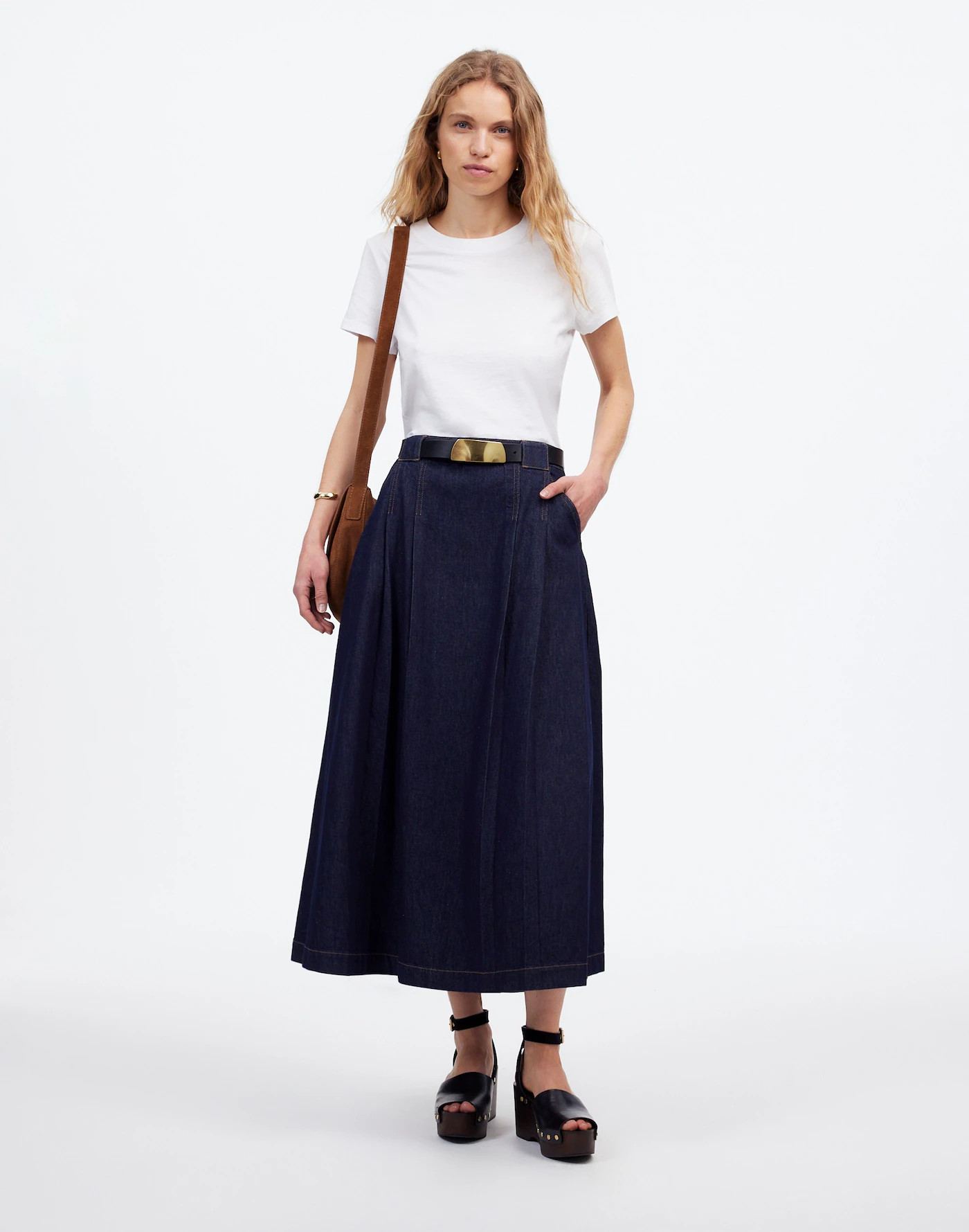 Pleated Denim Midi Skirt in Essex Wash | Madewell