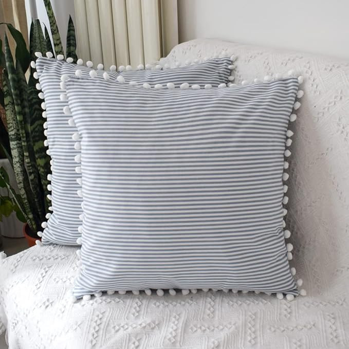 HOPLEE Decorative Blue Stripe Pillow Covers 20x20 Farmhouse Pom Pom Pillows Covers for Home Decor... | Amazon (US)