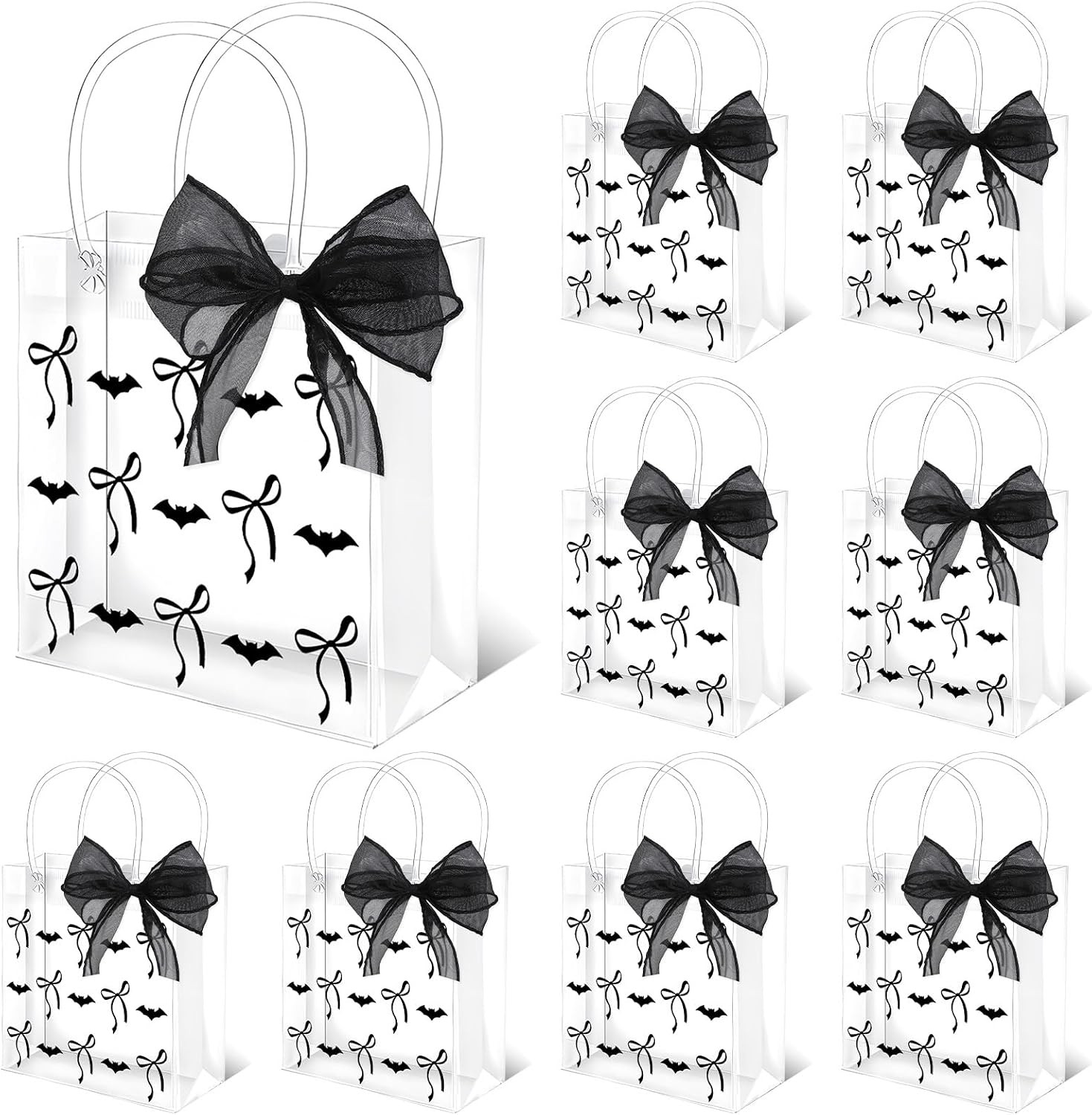 Whaline 12 Pcs Halloween Clear PVC Gift Bags with Handles Ribbon Black Bats Bow Coquette Party Favor Bags Trick or Treat Tote Candy Bag for Holiday Birthday Baby Shower Halloween Party Supplies | Amazon (US)